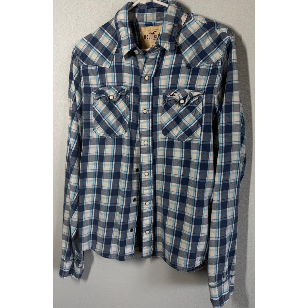 Hollister Mens Blue Plaid Long Sleeve Pearl Snap Western Shirt XL Cowboy Rugged